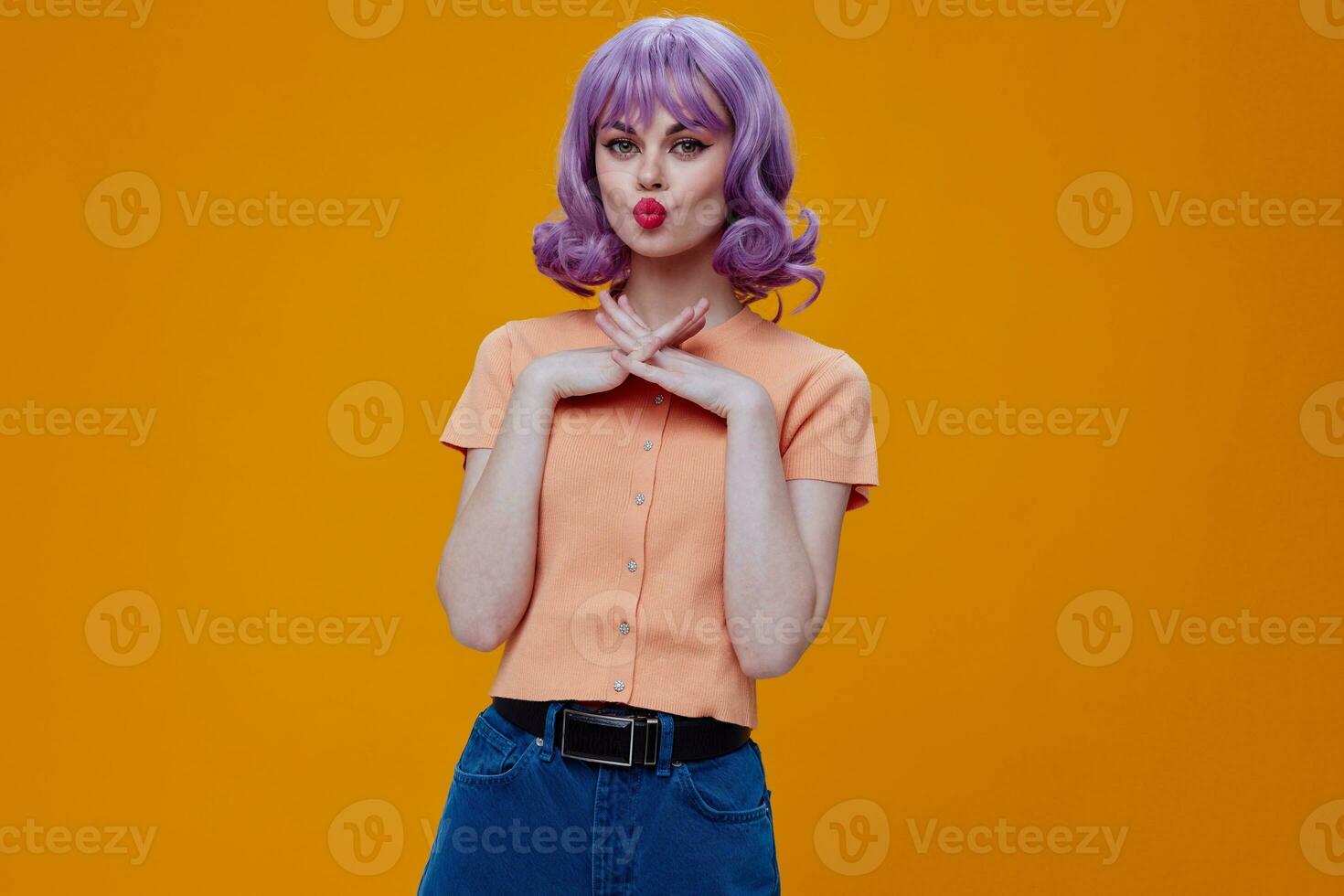 pretty woman hand gestures purple hair fashion clothes color background unaltered photo