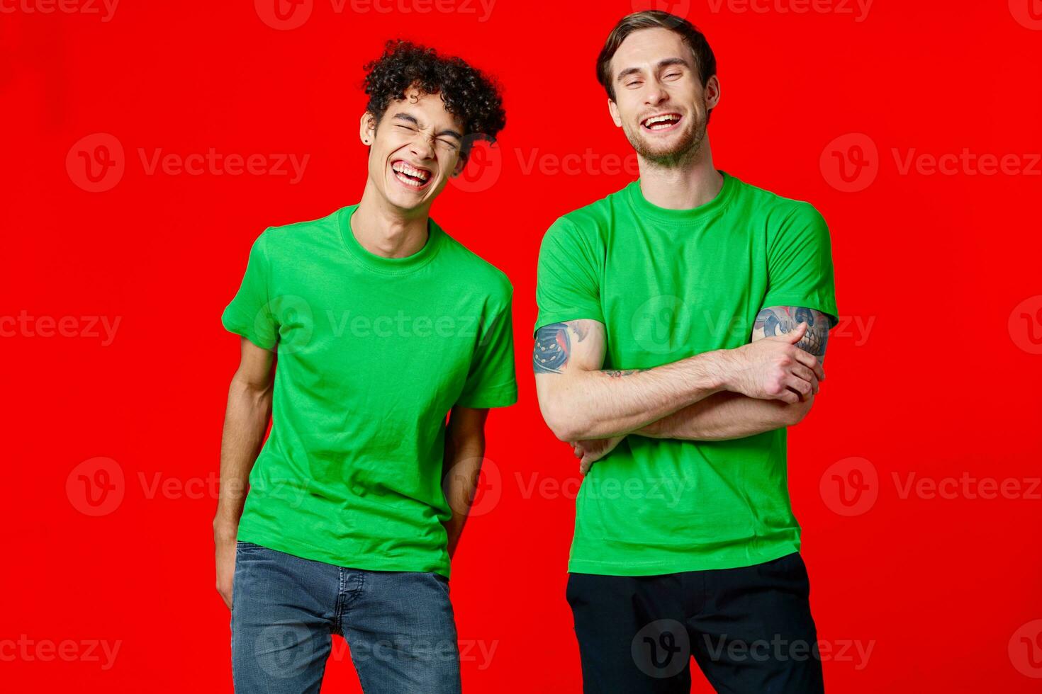 Cheerful friends stand next to communication emotions red background photo