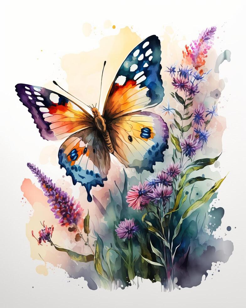 Watercolor colorful Butterfly Flowers Background, Generative AI ...