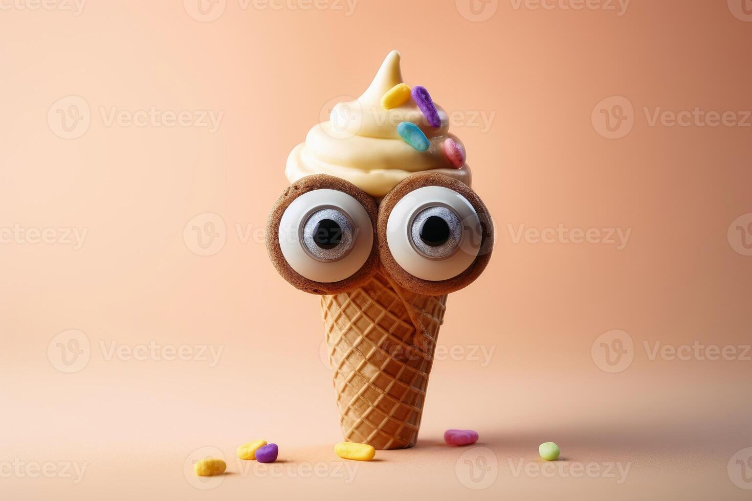 A happy smiling ice cream cone against a pastel background created with technology. photo