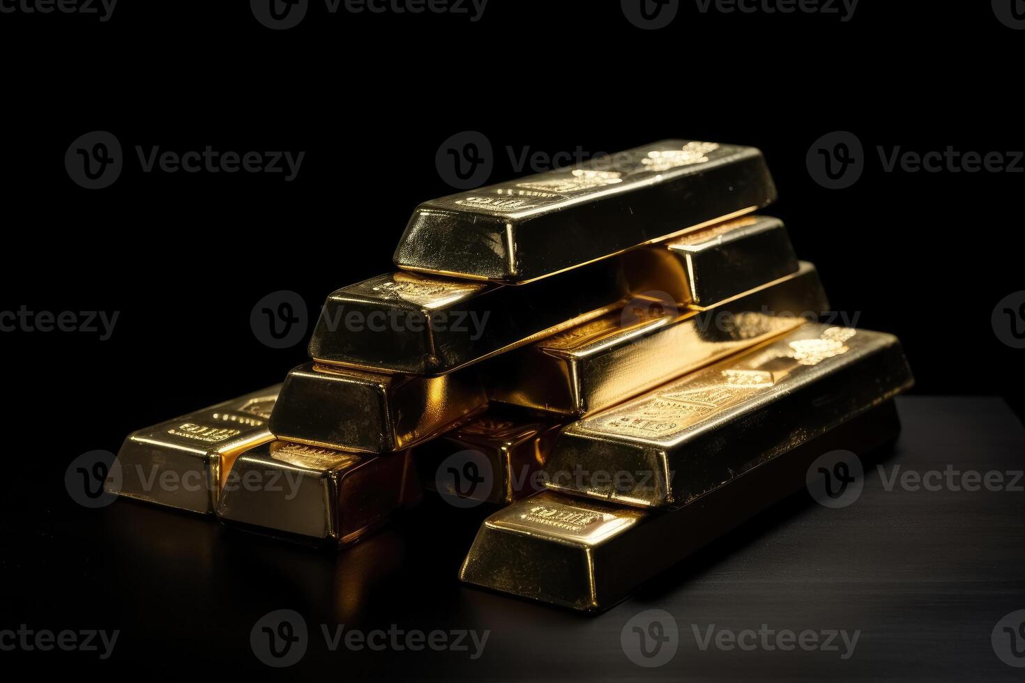 A stack of gold bars on a dark tabletop created with technology. photo