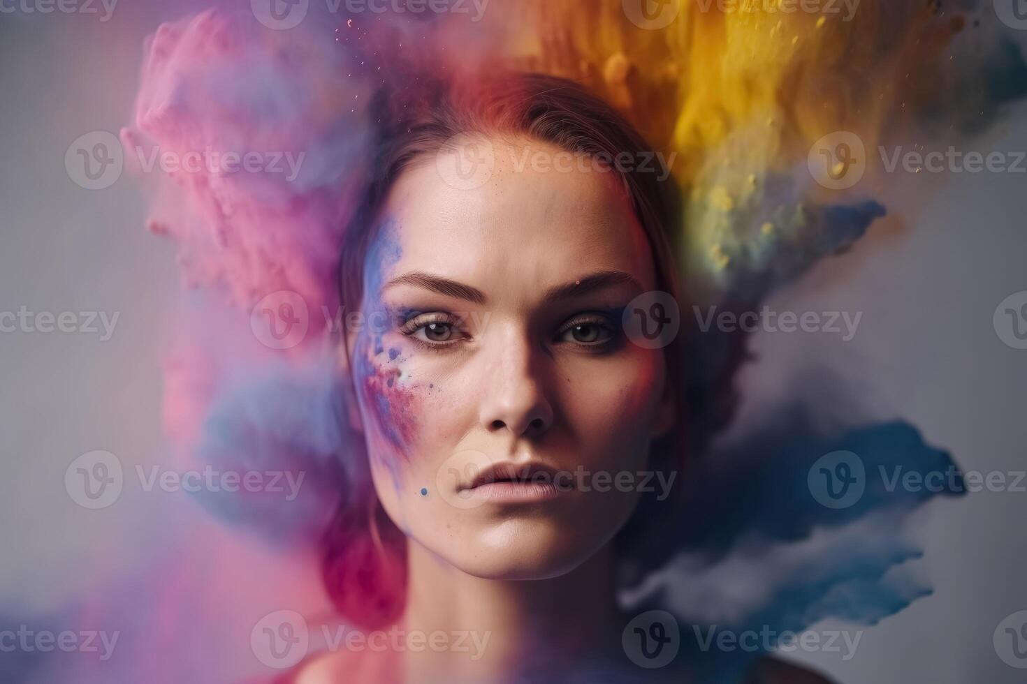 Exploding colour powder in rainbow colours forming a portrait of a beautiful young woman created with technology. photo