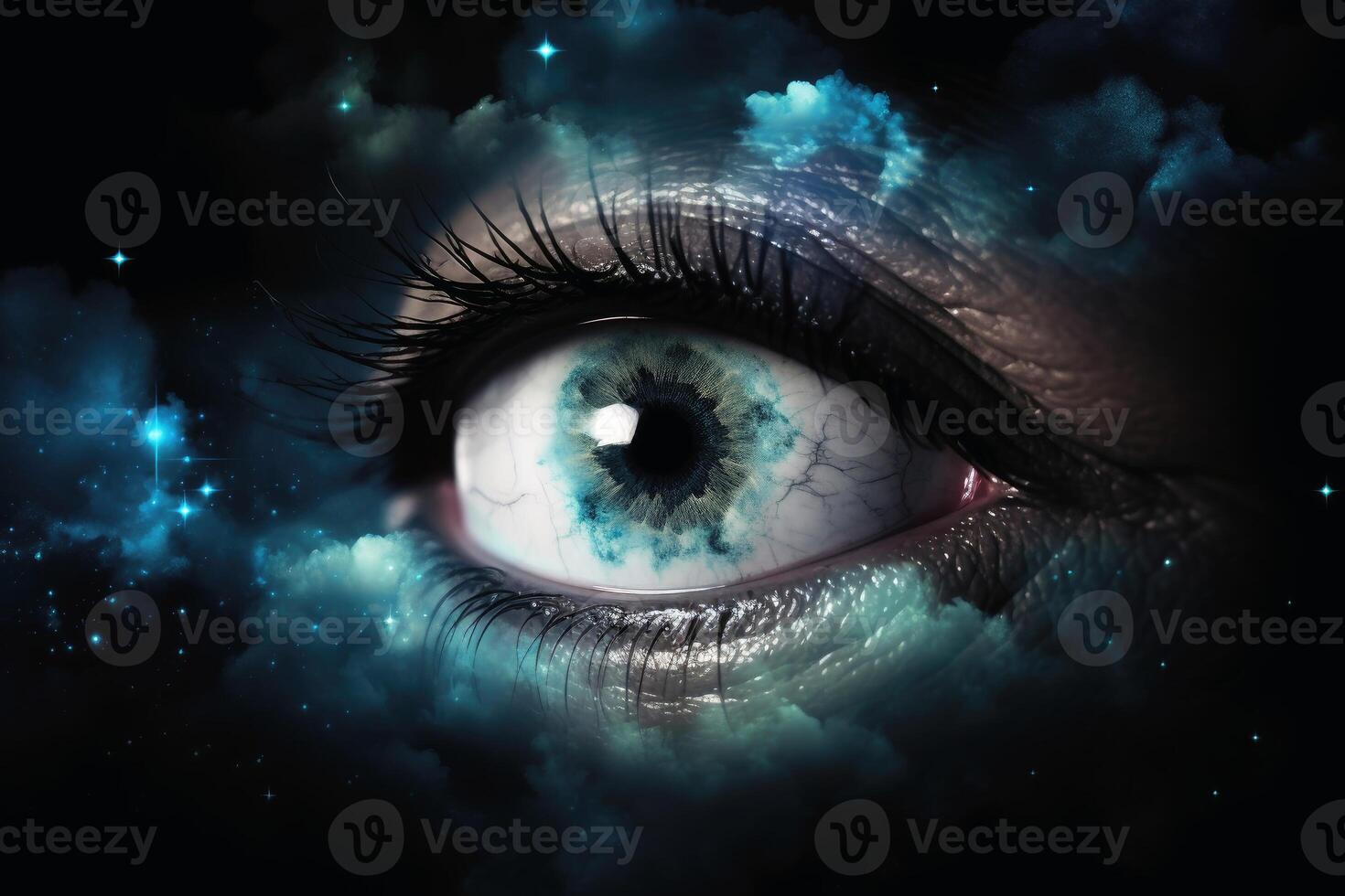 An eye made of clouds with a universe background created with technology. photo