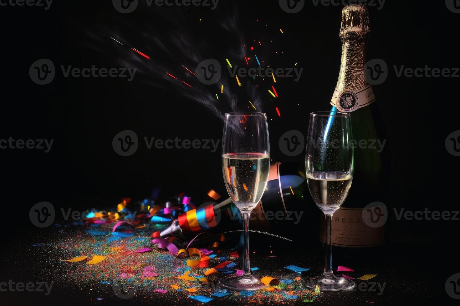 Champagne glasses and colourful streamers and glitter confetti on a happy new year background created with technology. photo