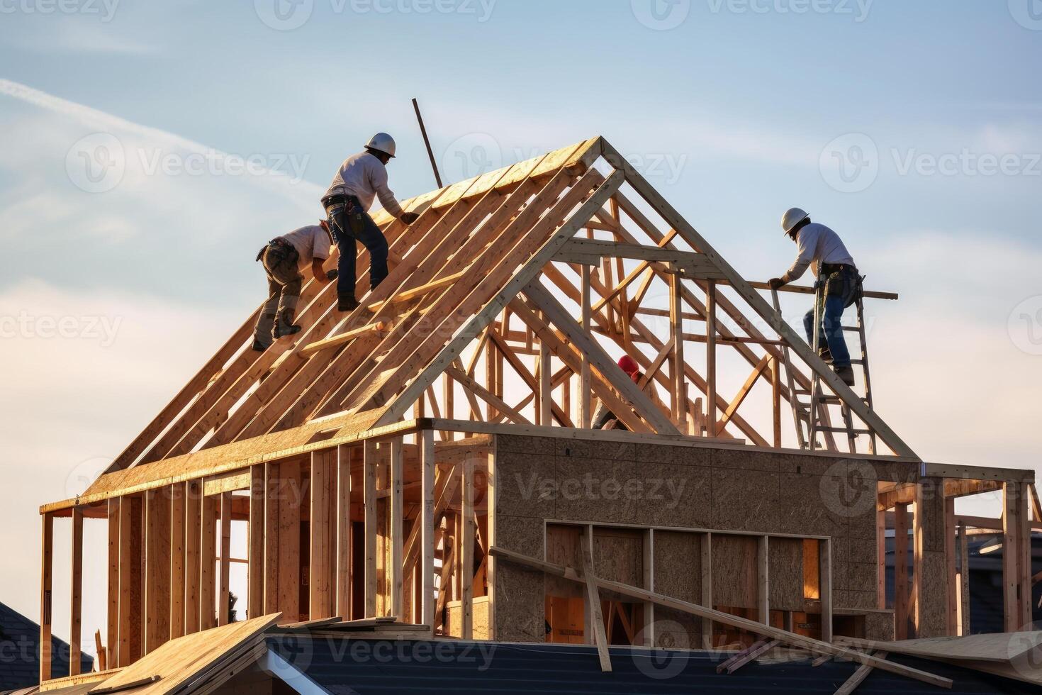 Carpenters build a roof on a residential house created with technology