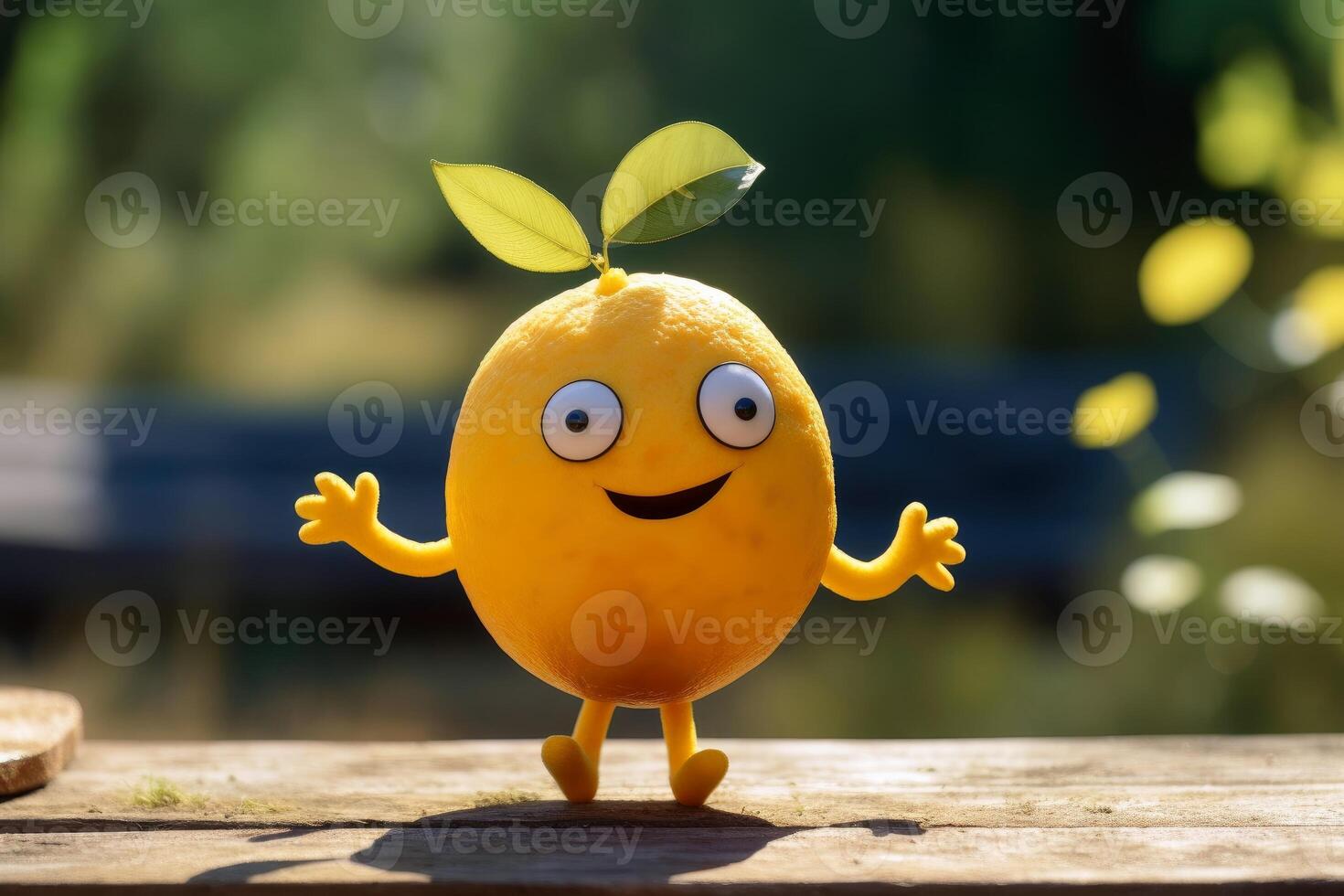 A happy lemon with eyes arms and legs standing in the sun created with technology. photo