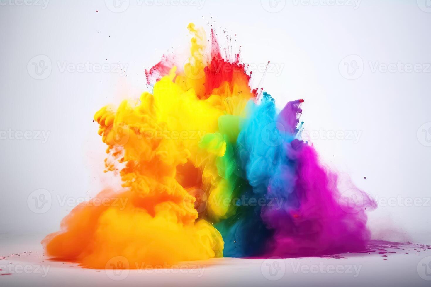 explotando color polvo en arco iris colores en un blanco antecedentes creado con generativo ai tecnología. foto