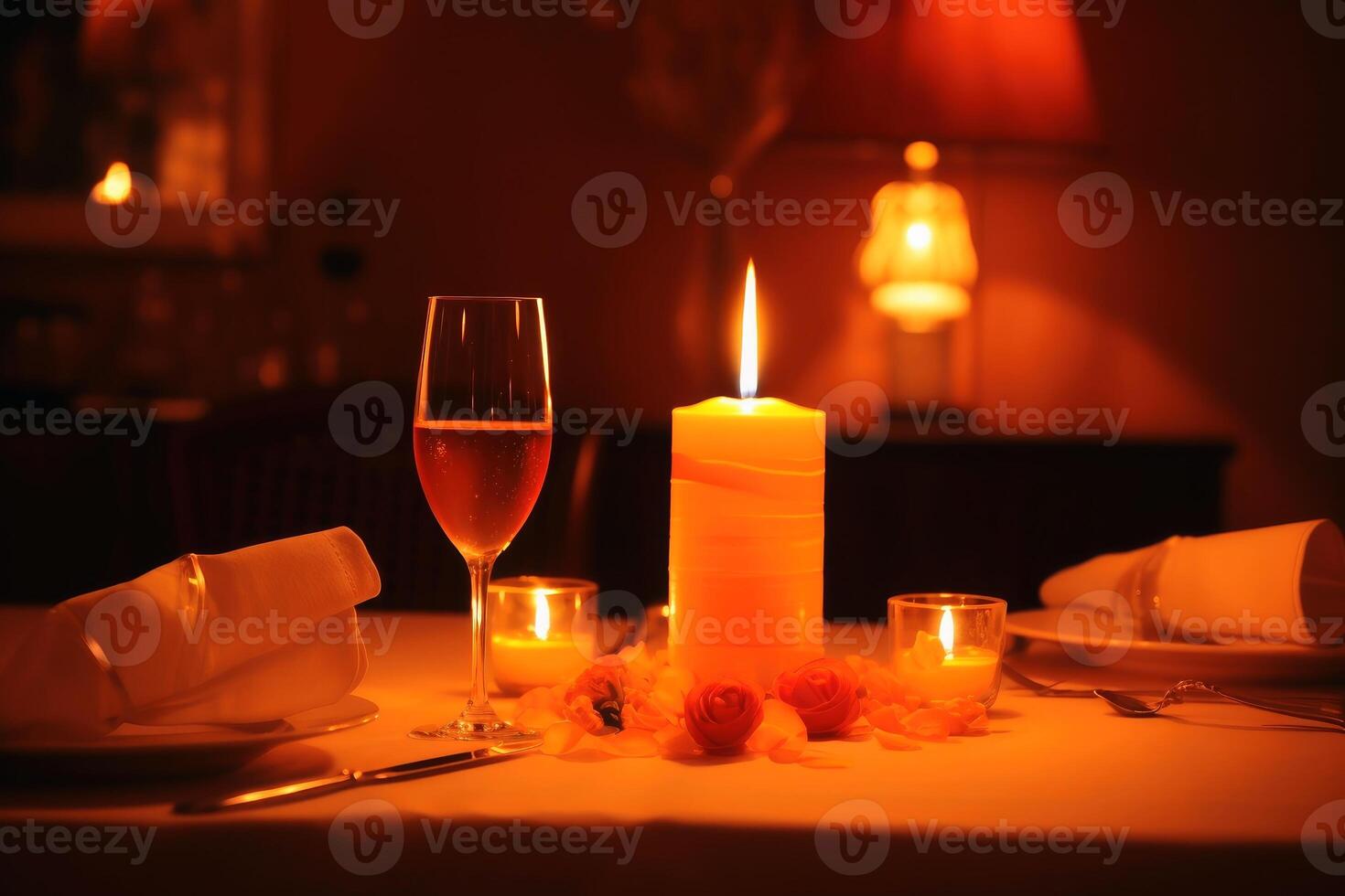 A romantic dinner table for two with candlelight created with technology. photo