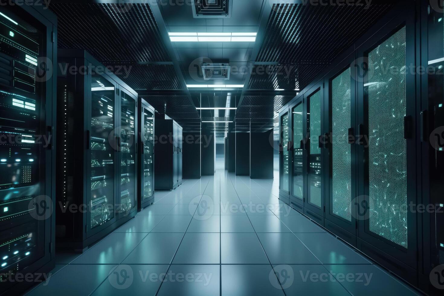 A large data centre with many computer racks in bright light created with technology. photo