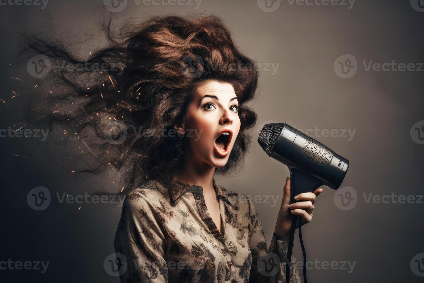A woman with a very wild hairstyle looks amazed at an exploded hairdryer created with technology. photo