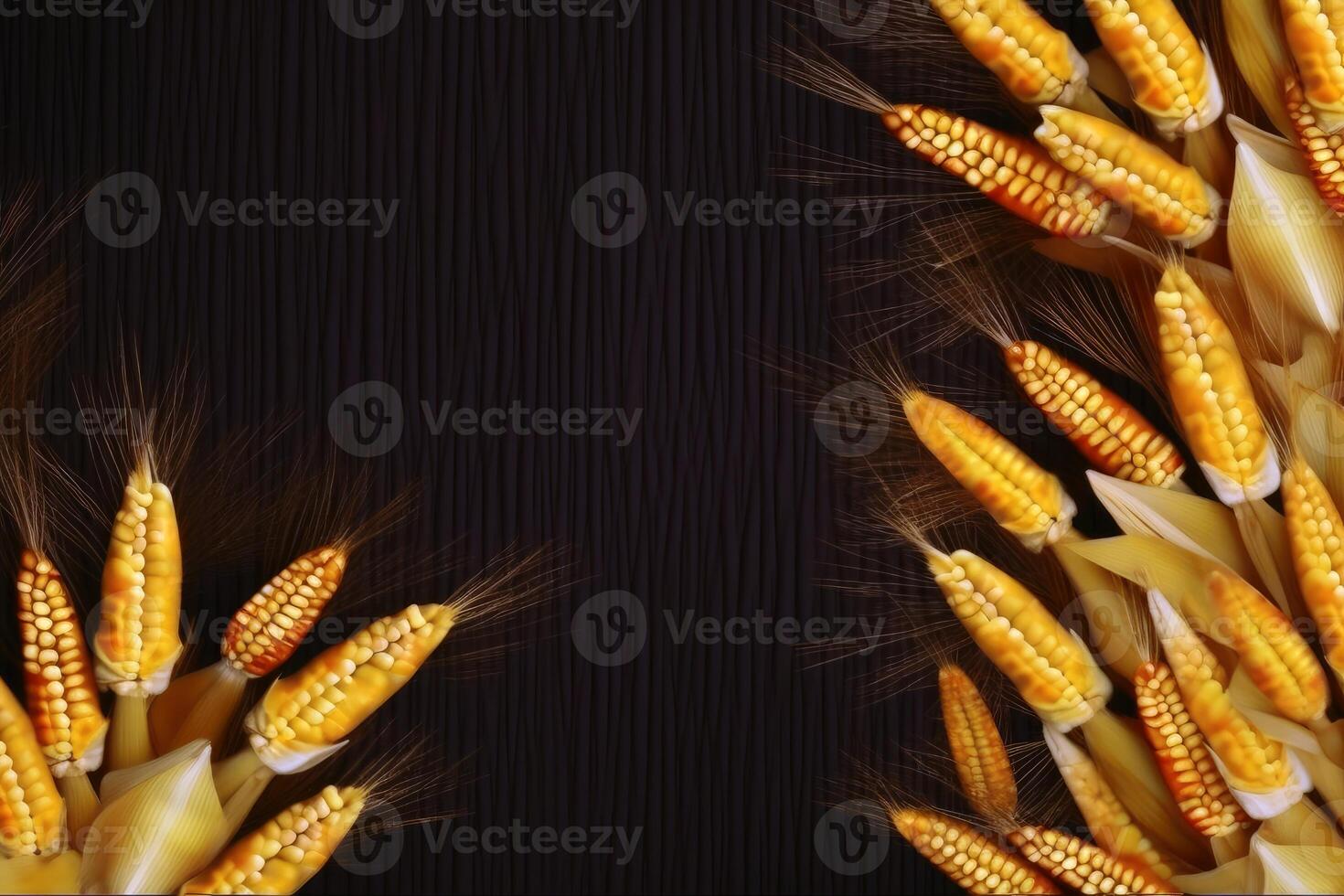 Festive thanksgiving background with pumpkins and ears created with technology. photo