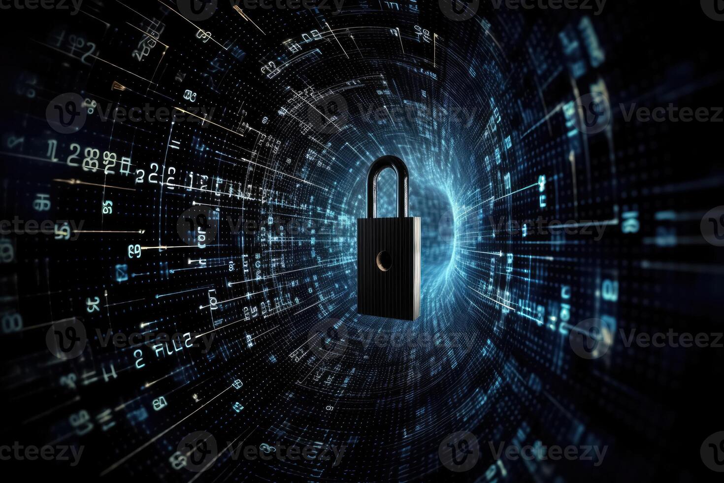 A lock on a cyber security background prevents hacking in the network created with technology. photo