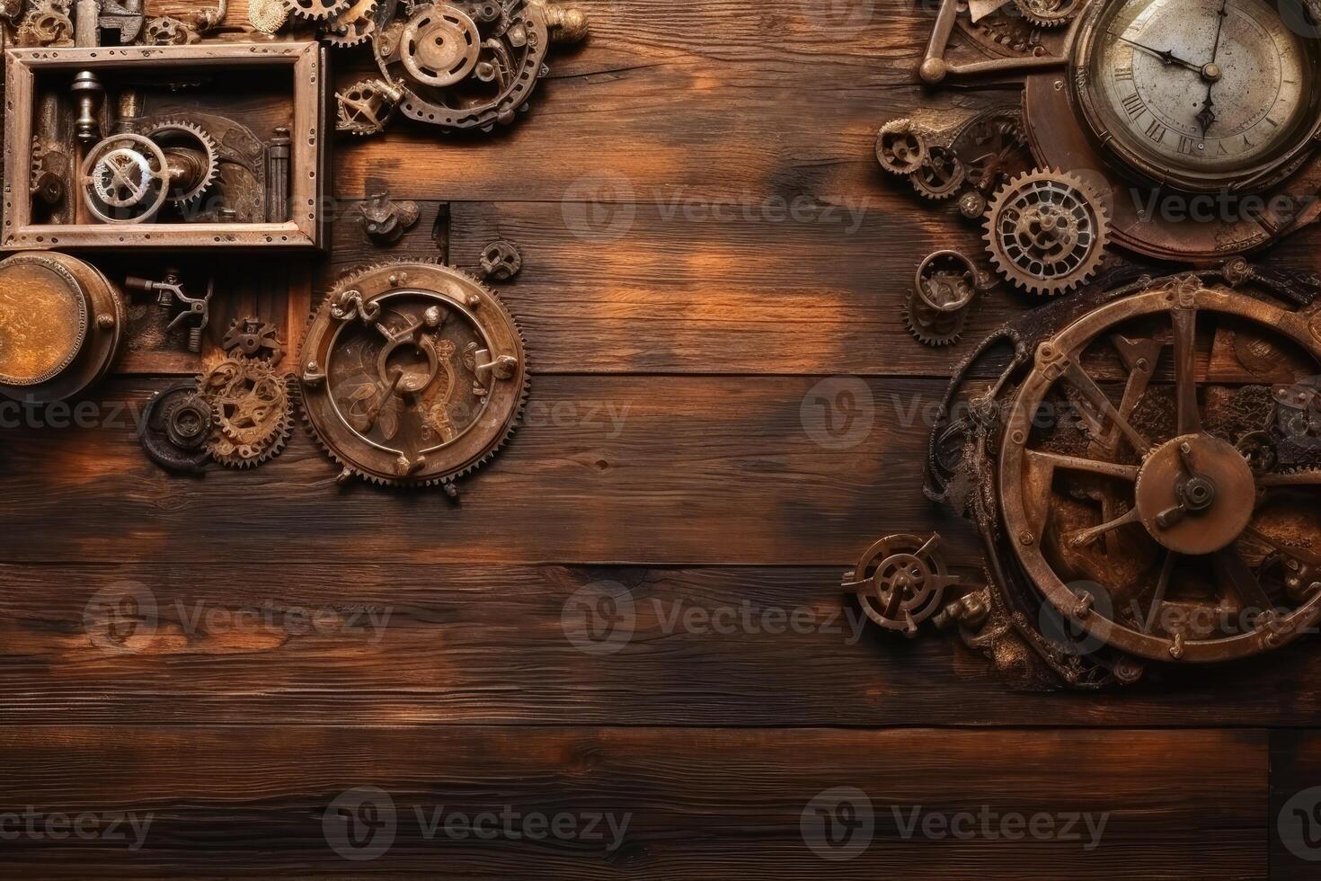 Steampunk background on a wooden surface with copy space created with technology. photo