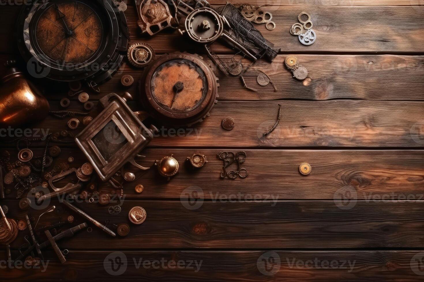 Steampunk background on a wooden surface with copy space created with technology. photo