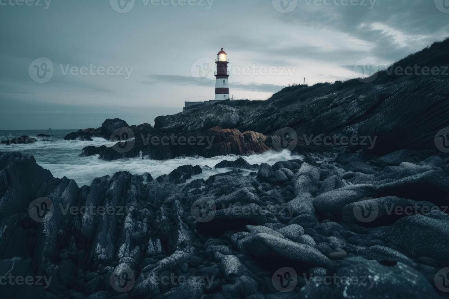 Long exposure of a rocky coast with a lighthouse on it created with technology. photo