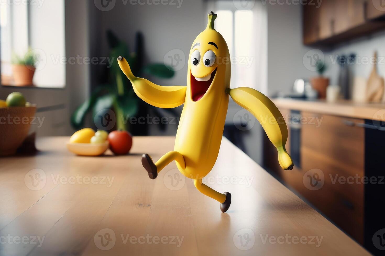 A smiling banana with arm and legs running on a kitchen table created with technology. photo