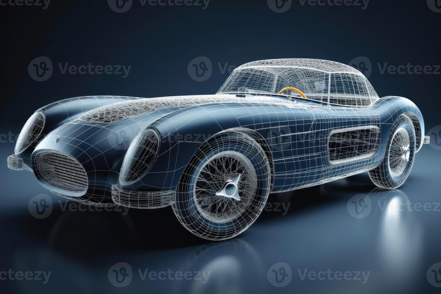 A sports car that transitions into a wireframe model created with technology. photo