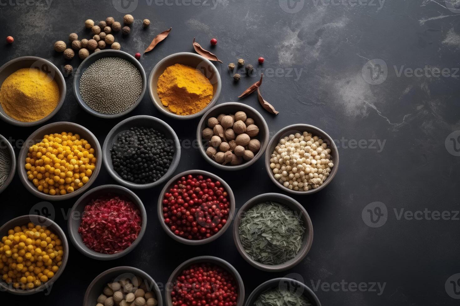 View from above of numerous spices in small bowls on a dark slate plate with copy space created with technology. photo