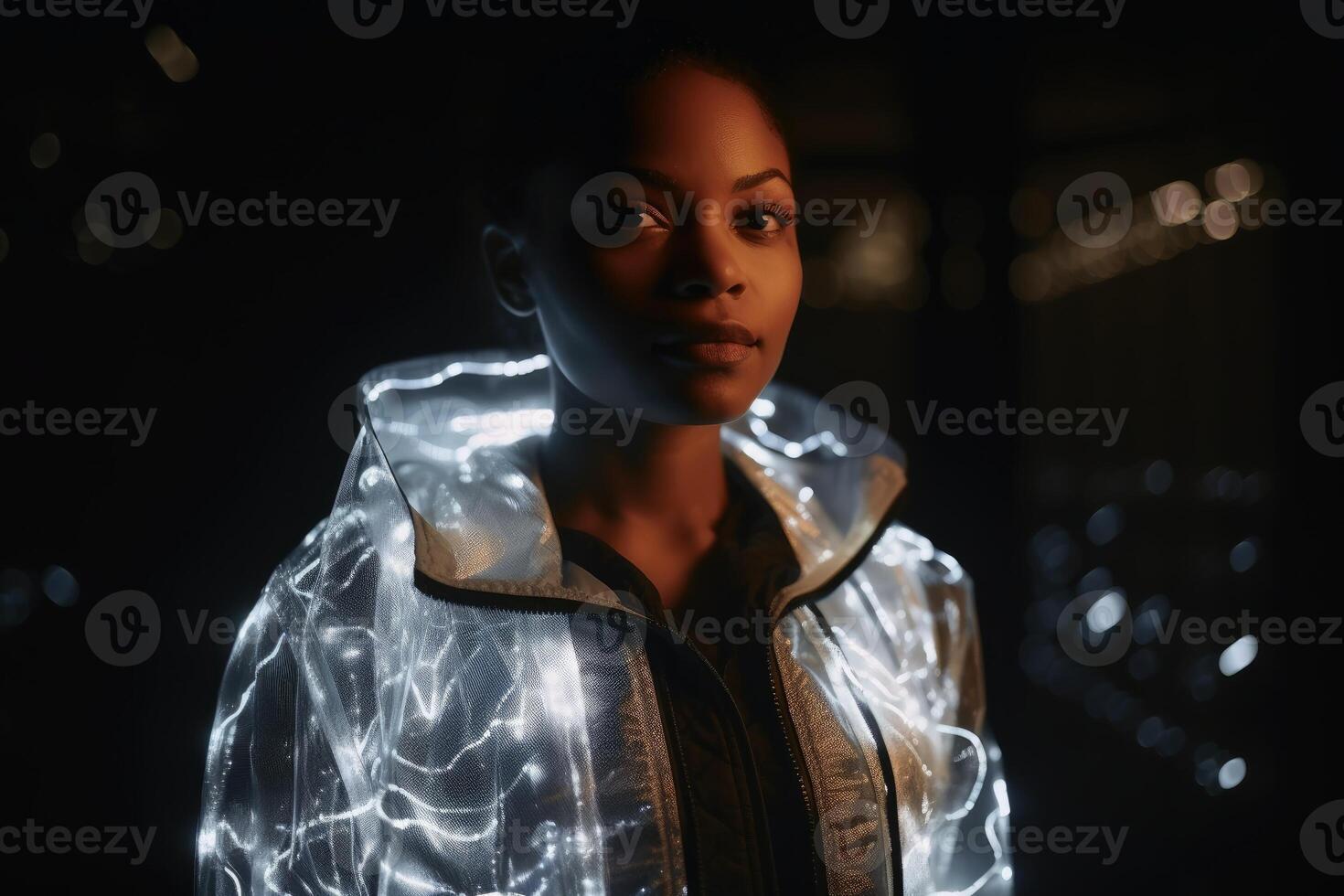 A female model wearing a jacket made of light created with technology. photo