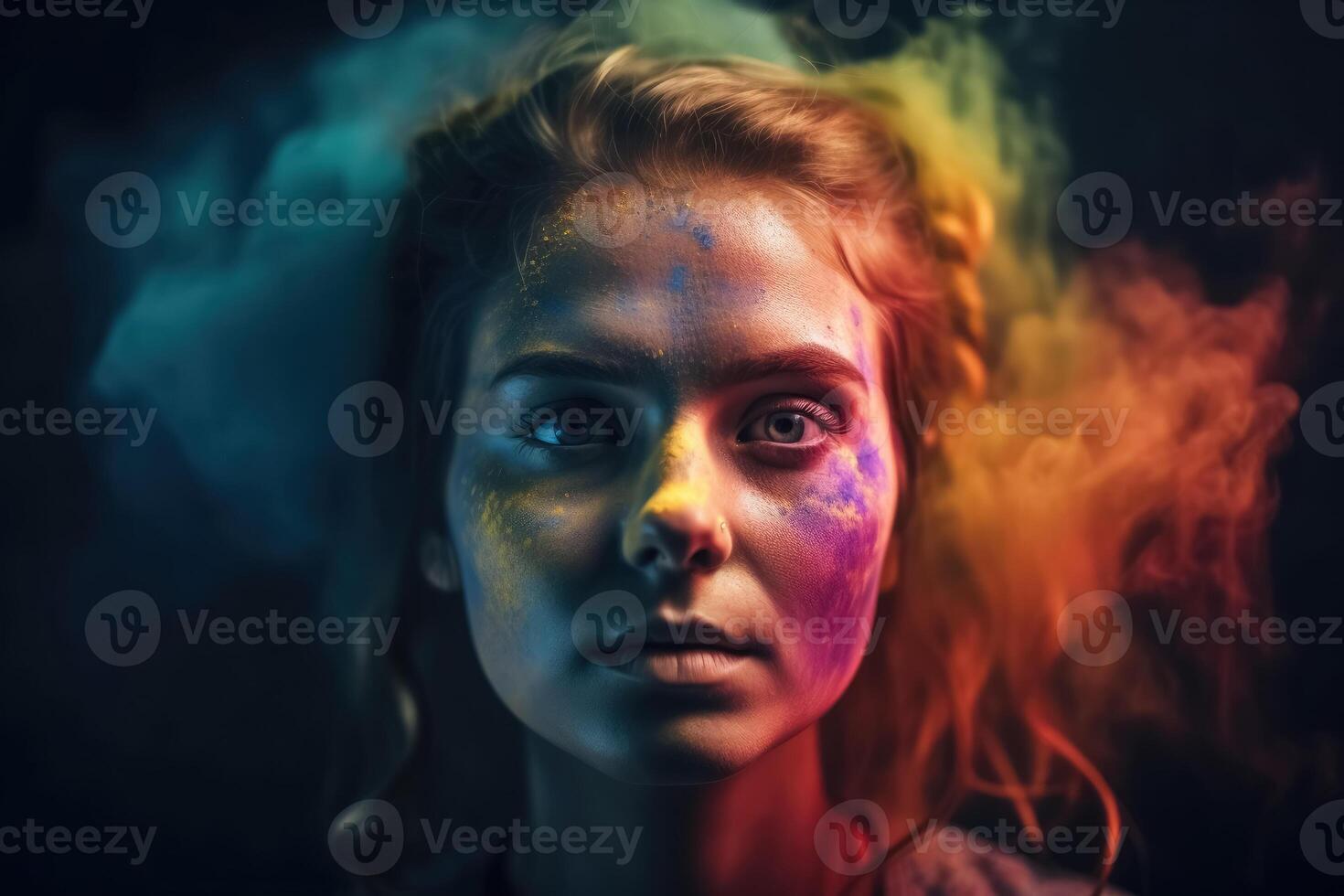 Exploding colour powder in rainbow colours forming a portrait of a beautiful young woman created with technology. photo
