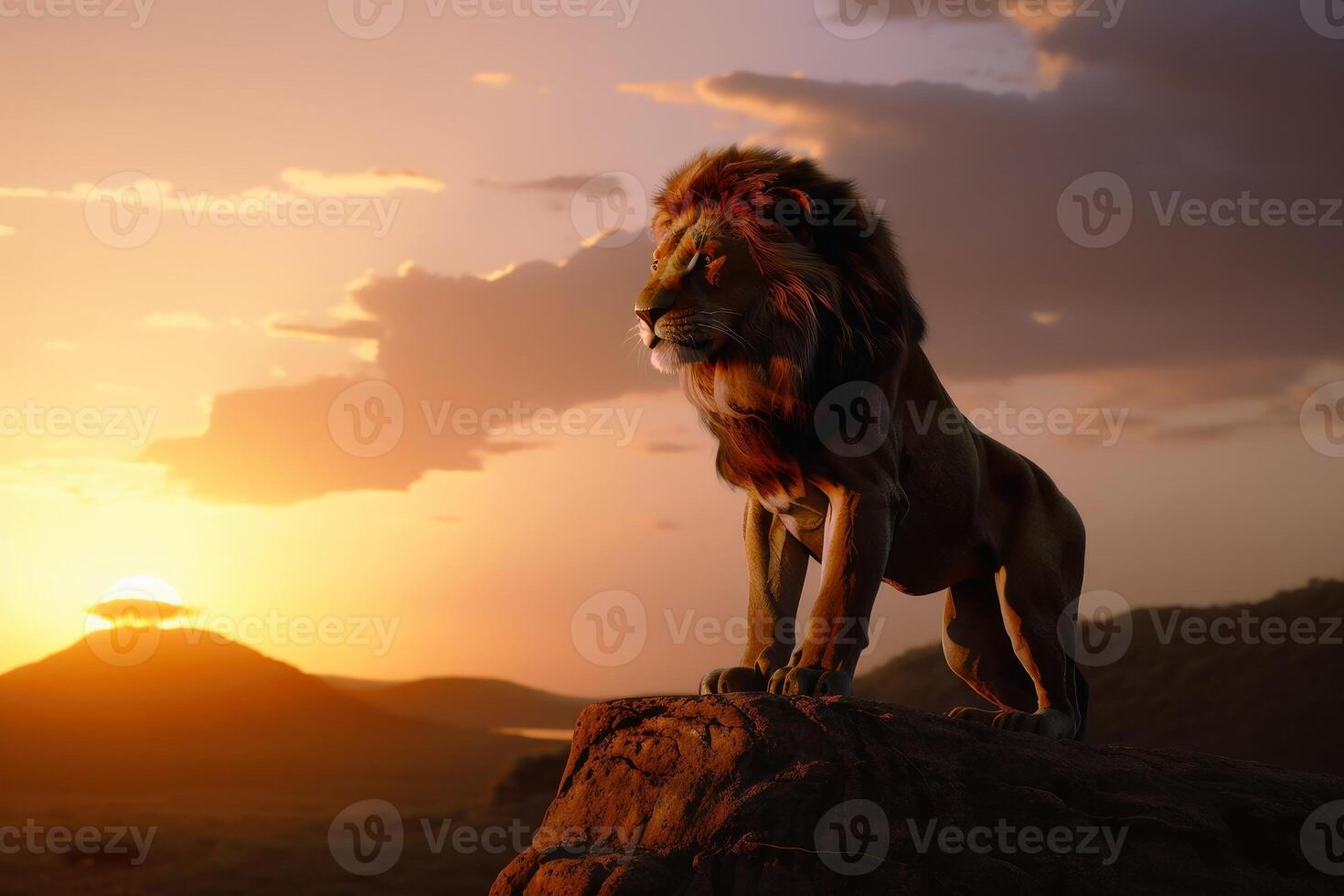 el león Rey puesta de sol ver creado con generativo ai tecnología. foto