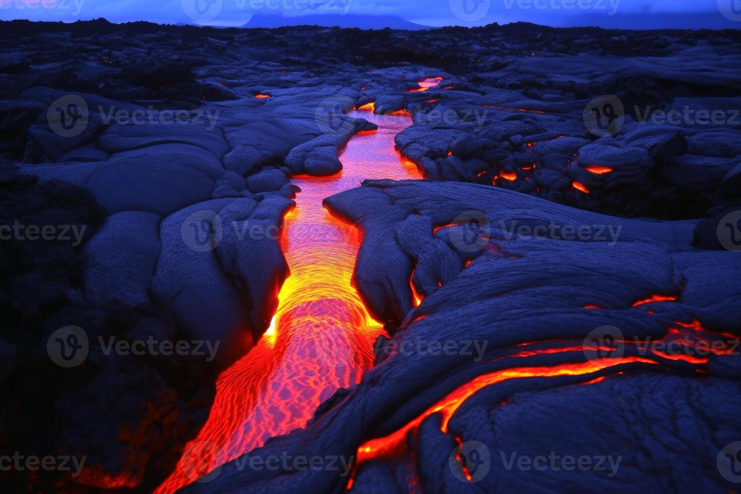 A luminous magma flow in a lava field created with technology. photo