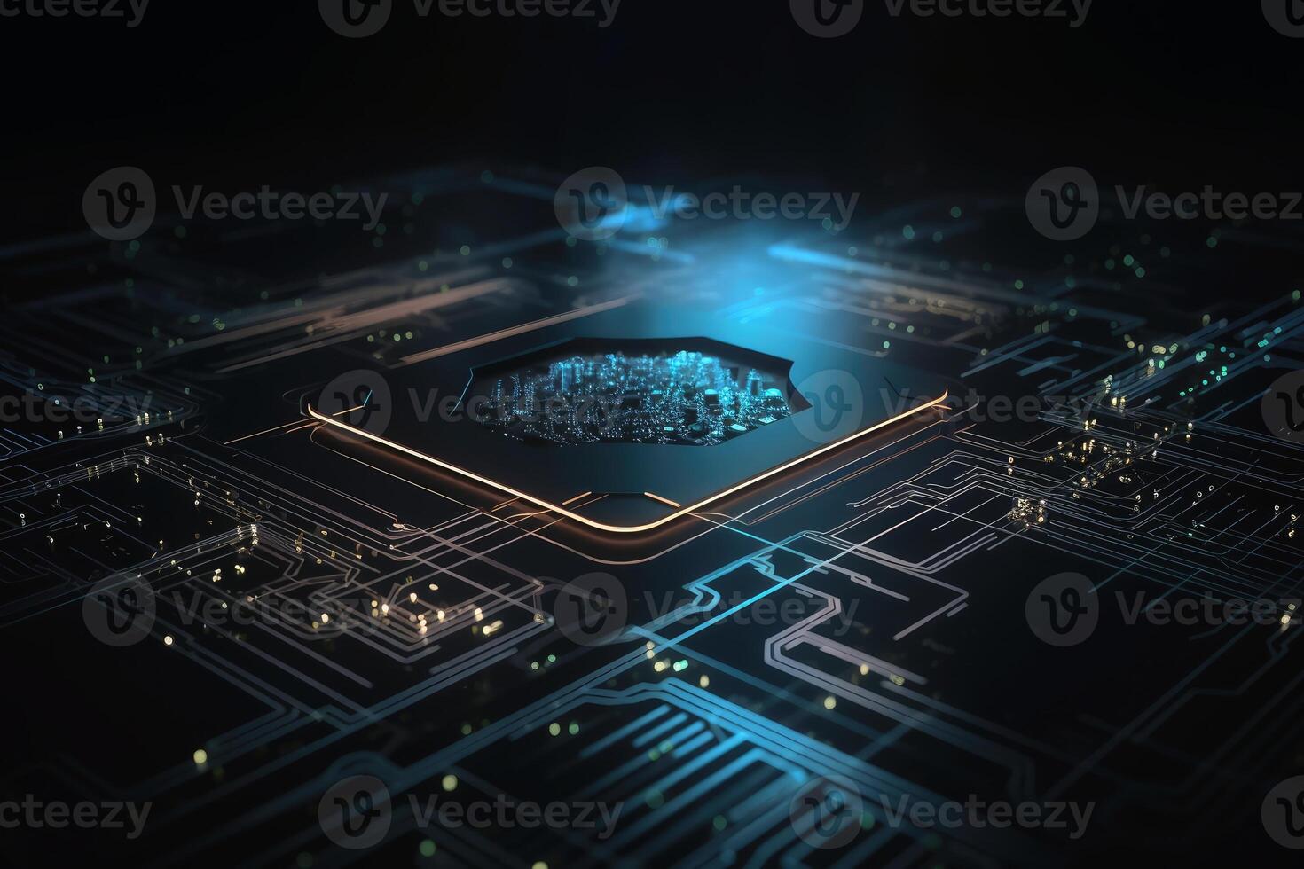 Glowing chip circuit on a dark background created with technology. photo
