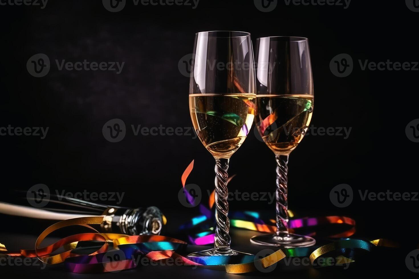 Champagne glasses and colourful streamers and glitter confetti on a happy new year background created with technology. photo