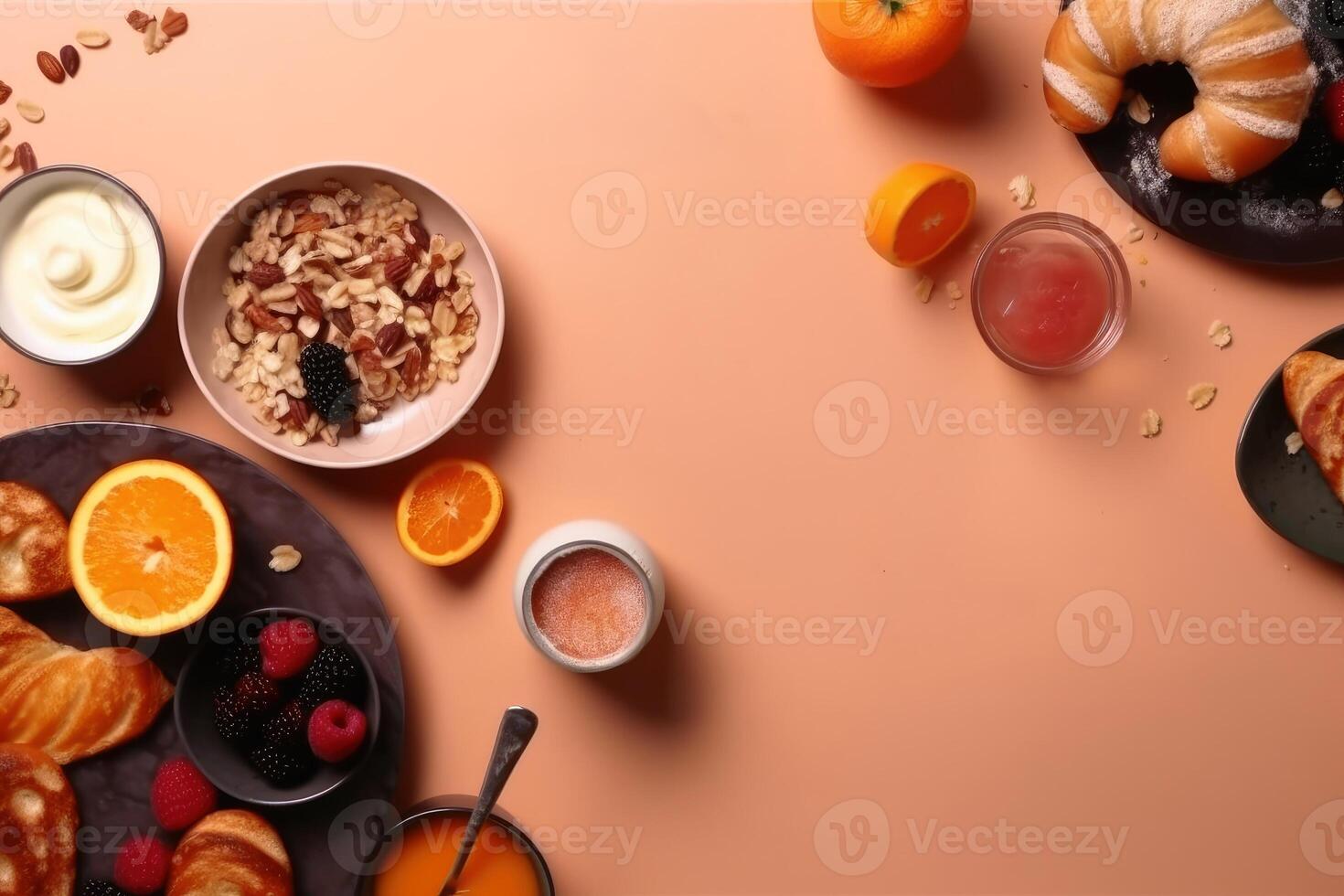 Top view of a tasty breakfast with copy space created with technology. photo