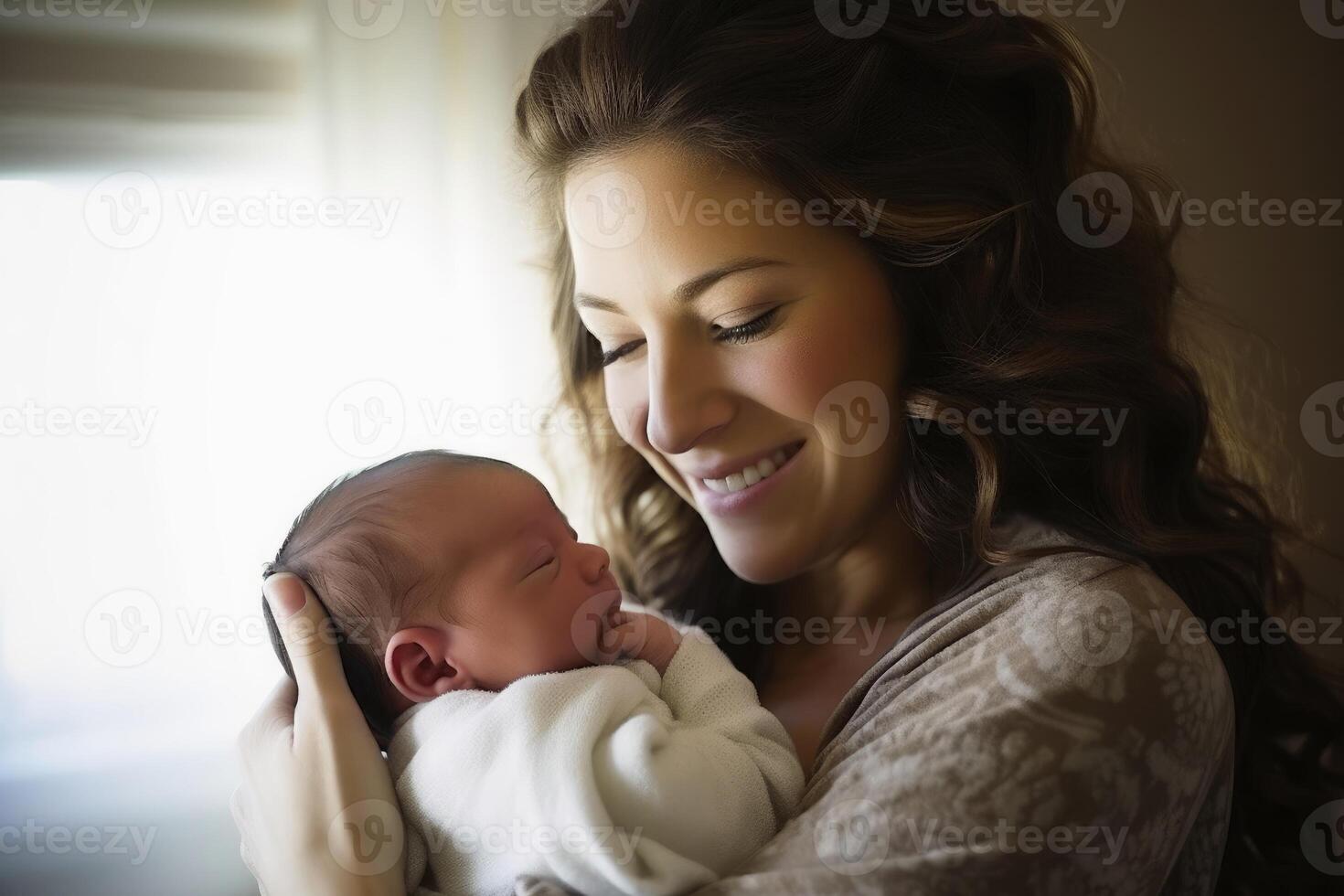 A mother holding her baby in her arms created with technology. photo