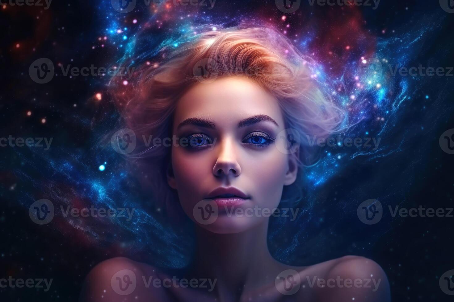 Ethereal and mesmerizing woman portrait in a galaxy environment created with technology. photo