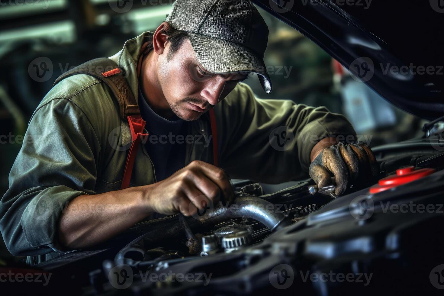 A car mechanic repairing a car created with technology. photo