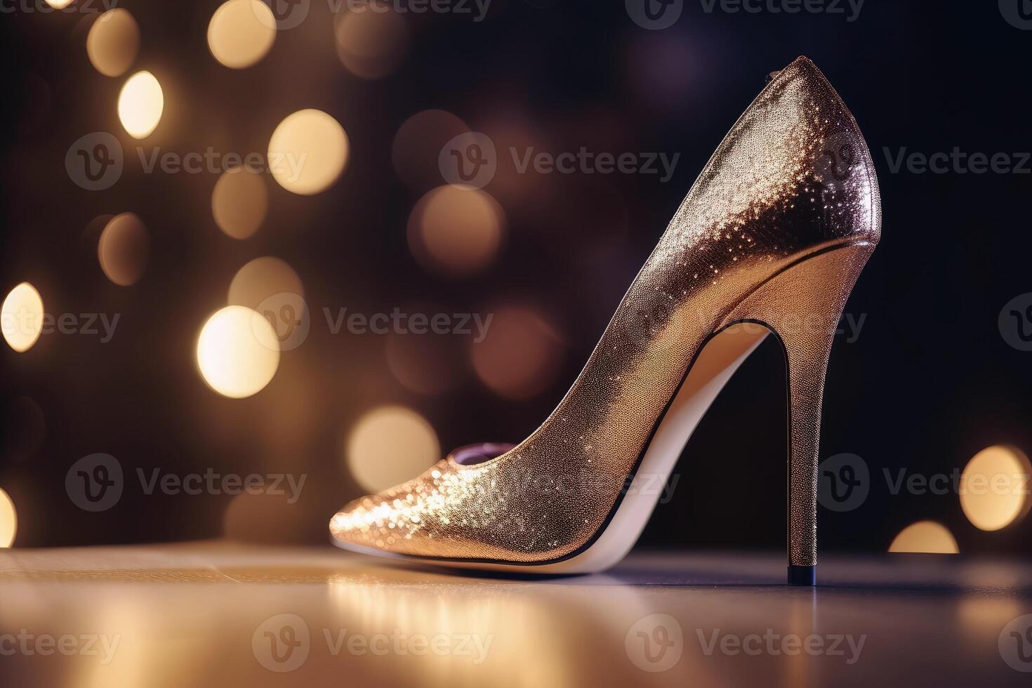 Stylish high heel shoes with glitter and bokeh lights created with technology. photo