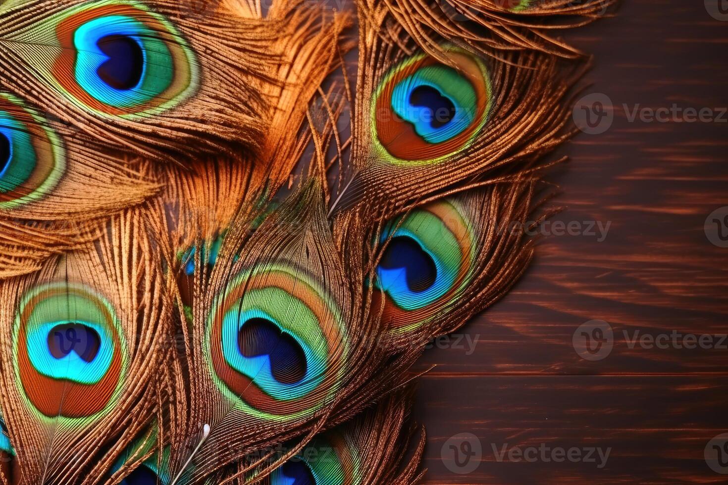 A background with peacock feathers with Copy Space created with technology. photo