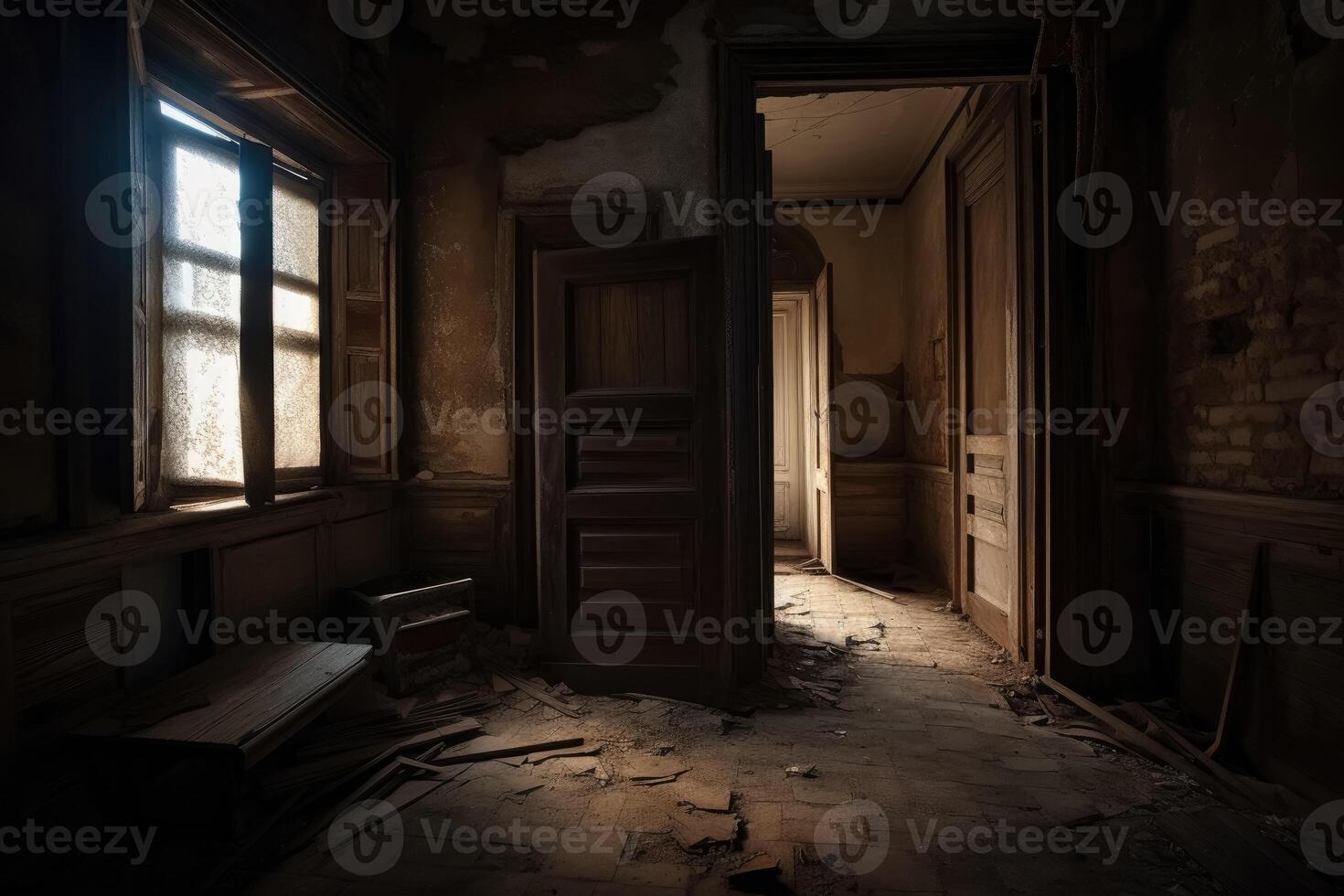 un abandonado casa visto desde un habitación dentro creado con generativo ai tecnología. foto