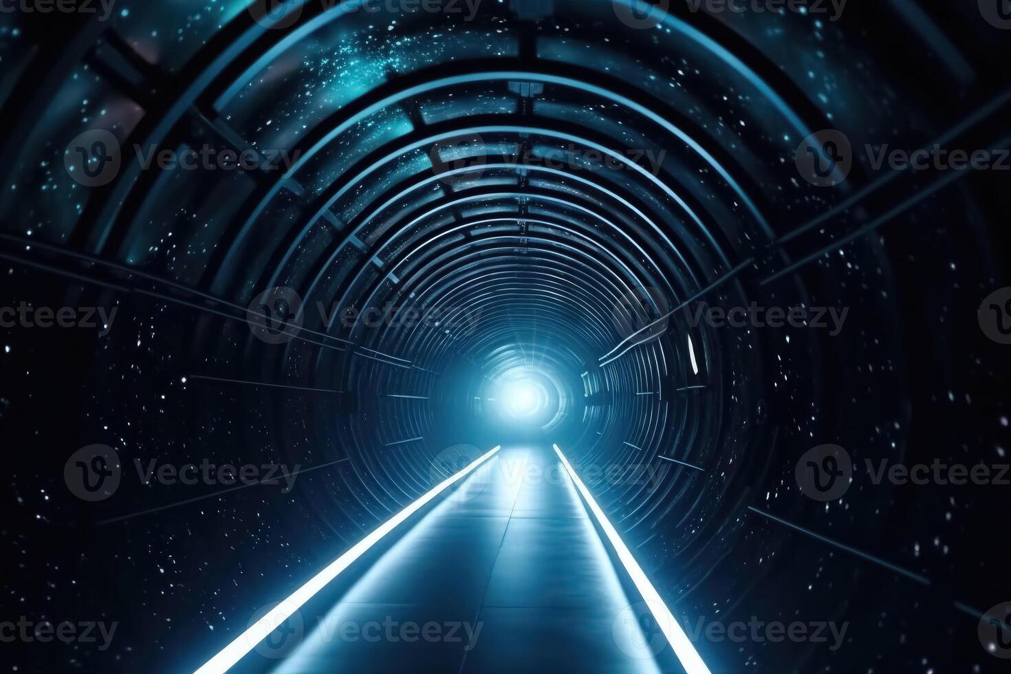 Travelling through a time tunnel with a galaxy in the background created with technology. photo