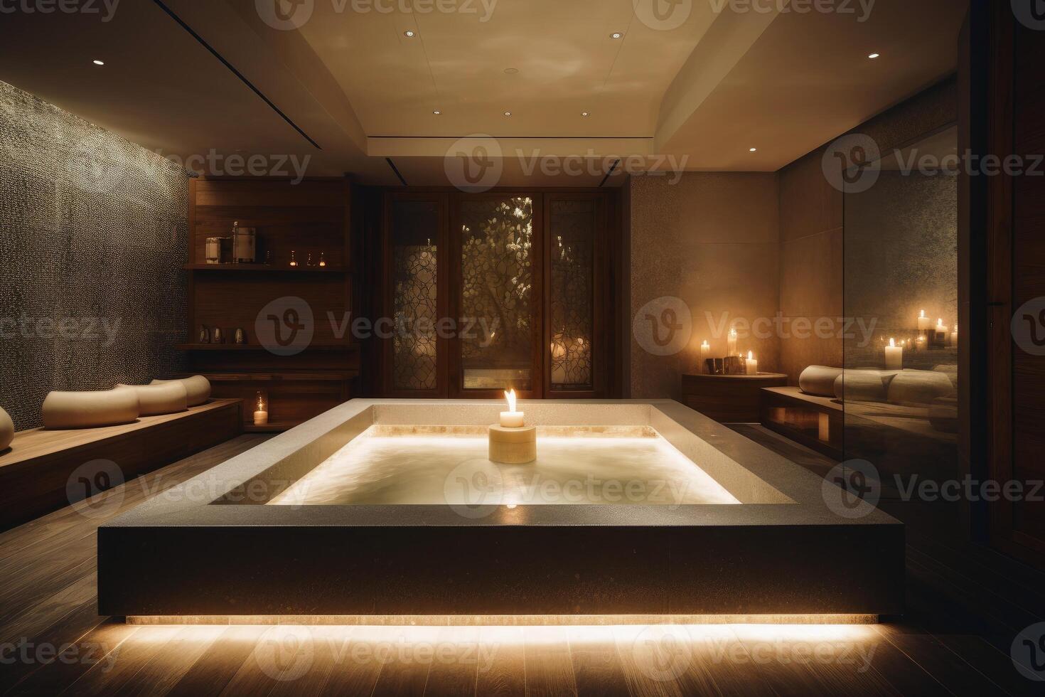 A luxury spa area with a huge bathtub and candle light created with technology. photo