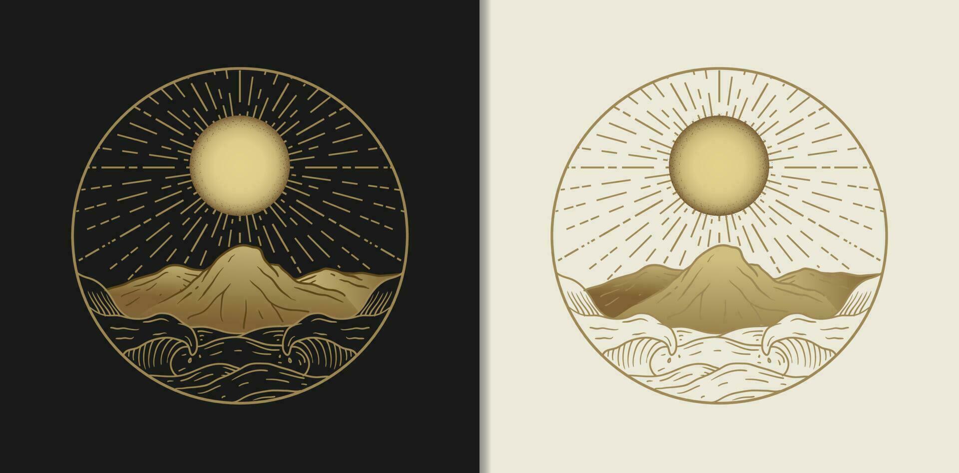 Island Panorama Mountains, Sun or Moon, and Rolling Waves vector