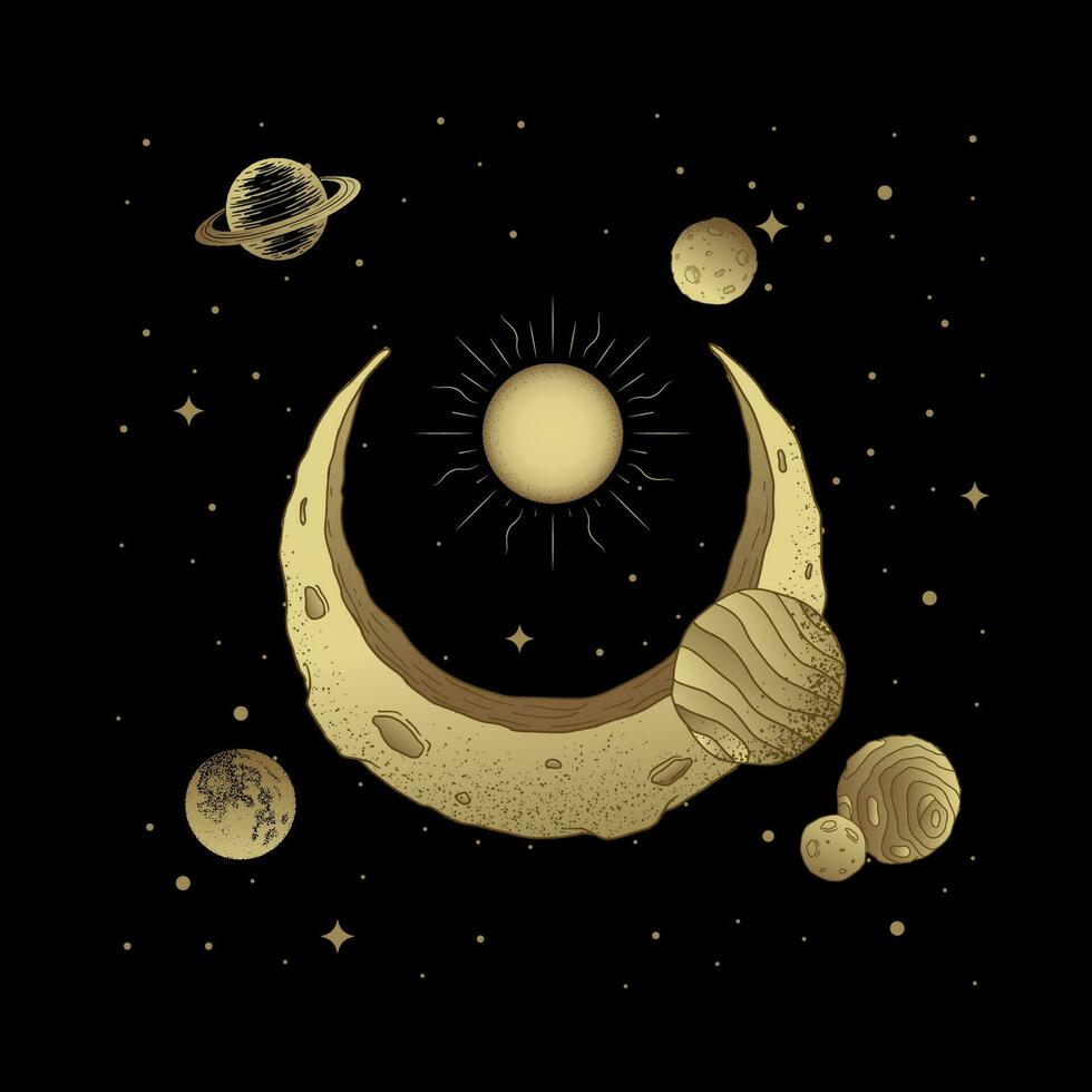 Celestial Harmony The Sun, Crescent Moon, and Planets in Outer Space vector