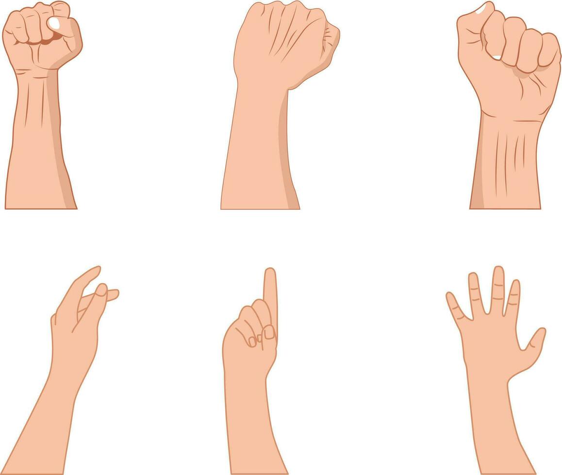 Set of human hands showing different gestures. Vector illustration in cartoon style.