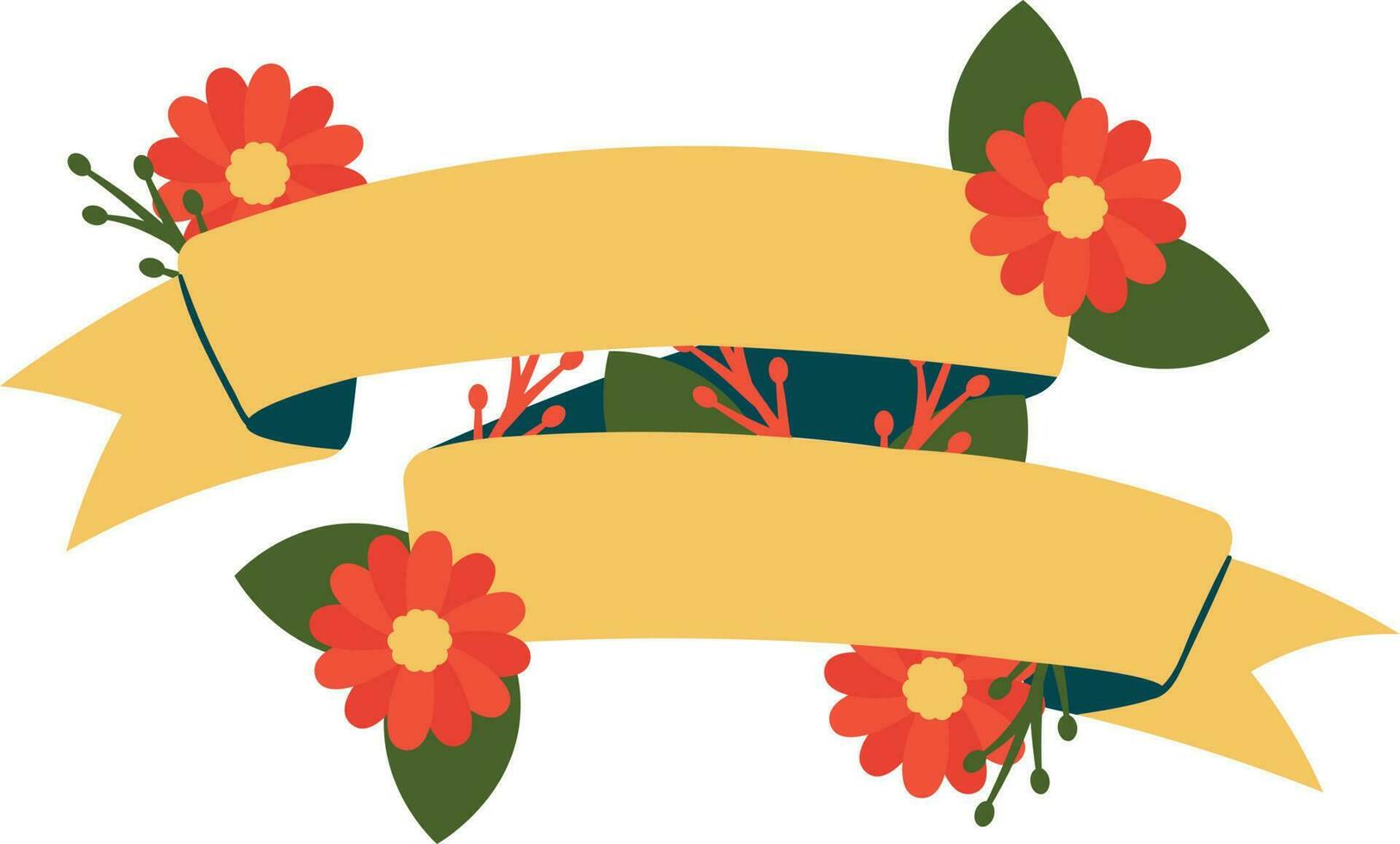 red and yellow ribbon. decorative banner with flowers and leafs isolated icon vector illustration design