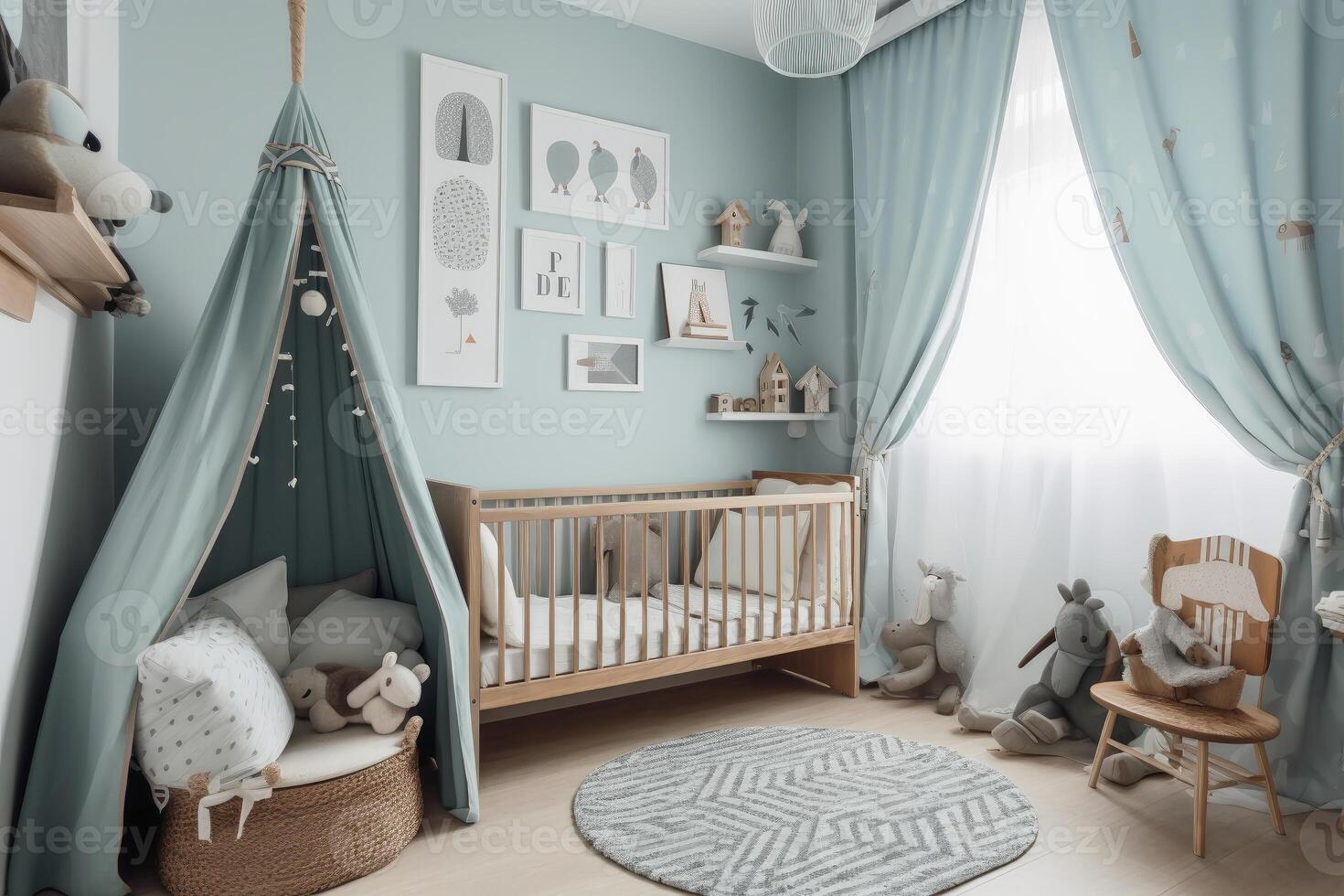 A baby boy room in pastel blue created with generative AI technology. photo