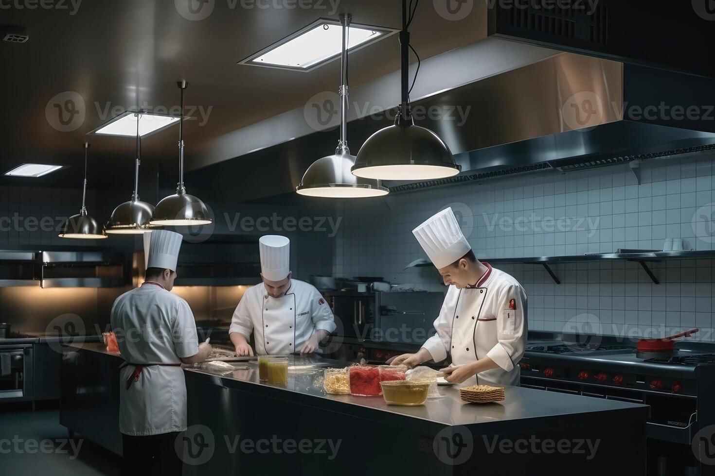 profesional cocineros Cocinando en un moderno cocina creado con generativo ai tecnología. foto