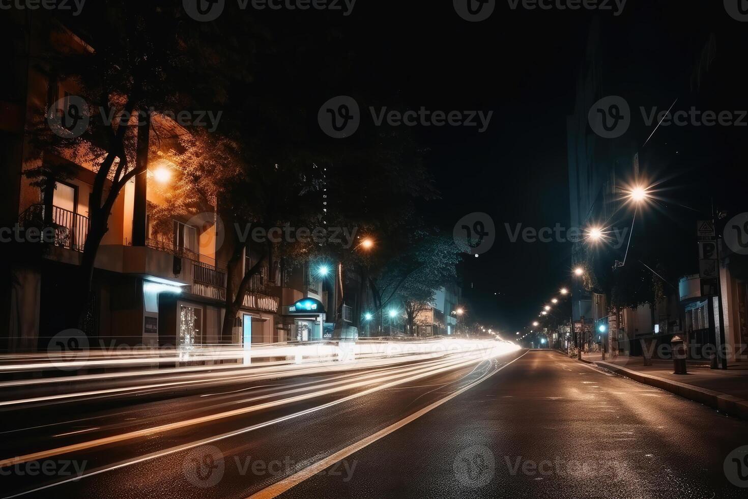 bajo ángulo calle ver a noche con largo ligero caminos largo exposición creado con generativo ai tecnología. foto