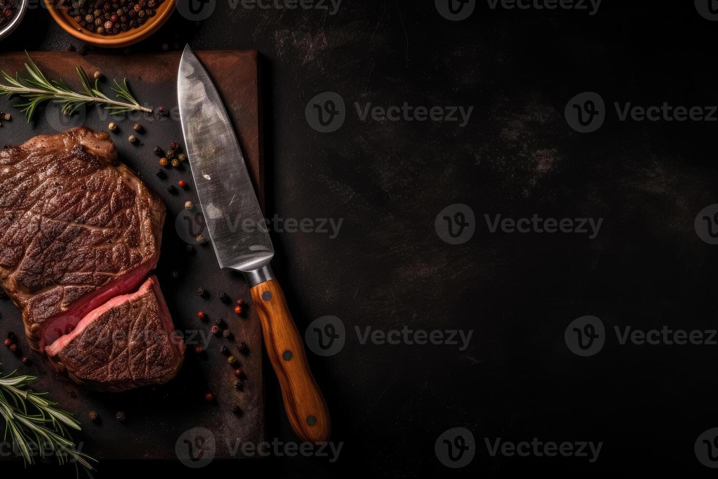 A top view on a delicious steak and a sharp knife with copy space created with technology. photo