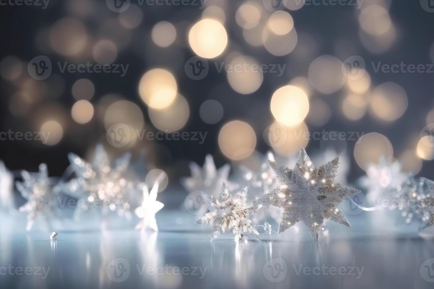 A beautiful christmas background with stars and snowflakes and soft bokeh lights on a light background created with technology. photo
