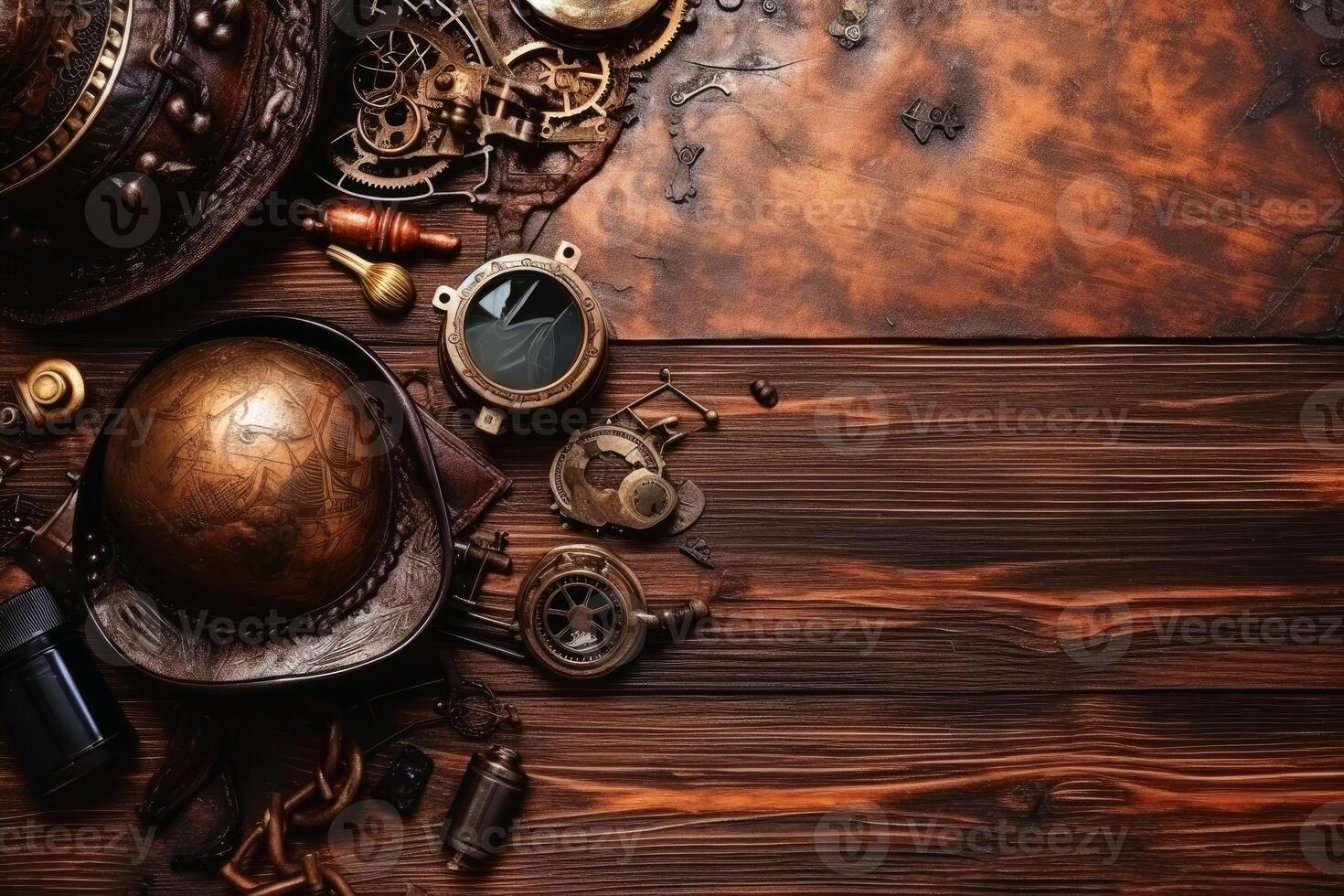 Steampunk background on a wooden surface with copy space created with technology. photo