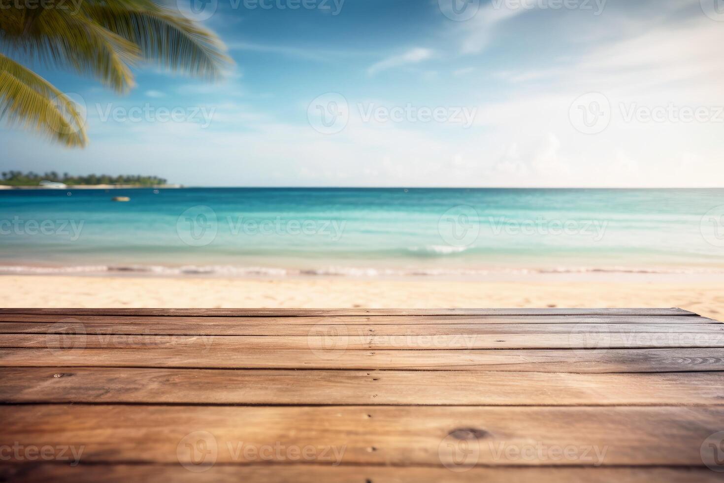 An empty wooden table at a tropical beach with a soft bokeh background created with technology. photo
