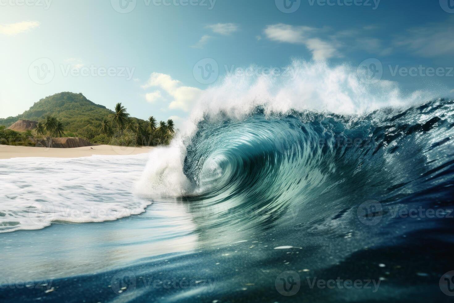 A giant tsunami wave arriving at a tropical beach created with technology. photo