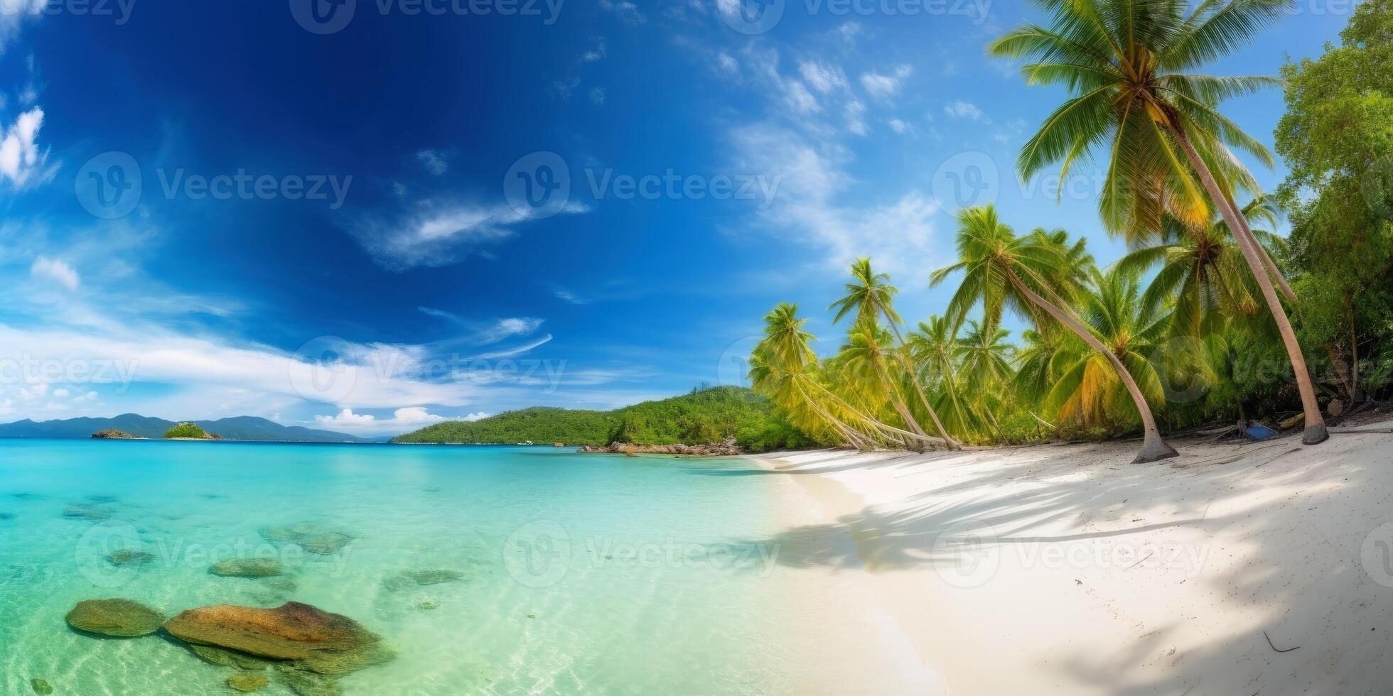 Panoramic tropical beach with palm trees created with technology. photo